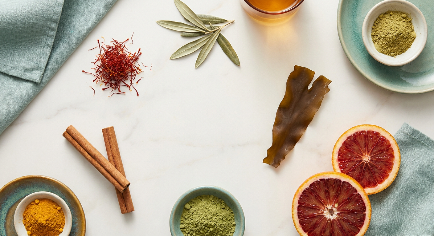 Flat-lay of Phytomem One botanical ingredients: saffron, cinnamon, olive leaf, sea kelp, red orange, and herbal powders