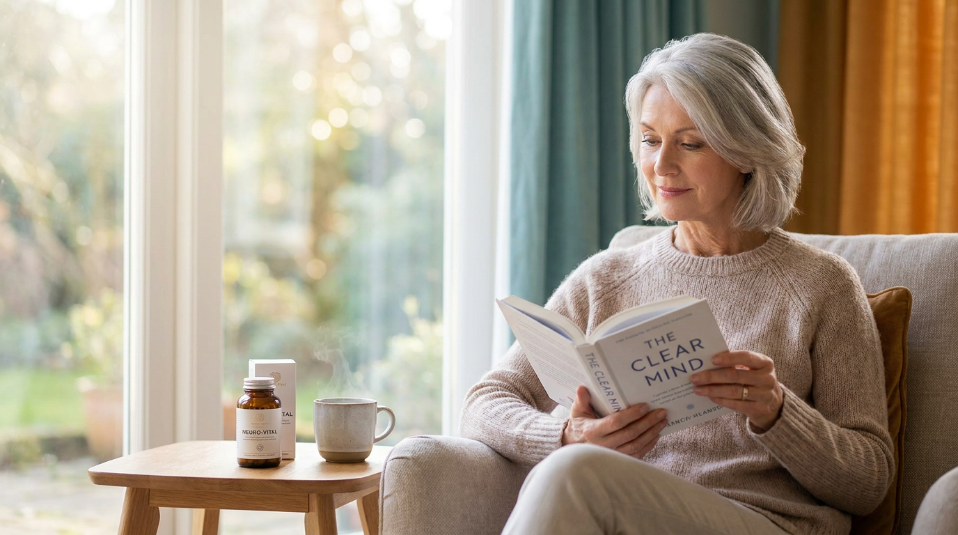 Woman reading calmly by a bright window, representing mental clarity and memory support